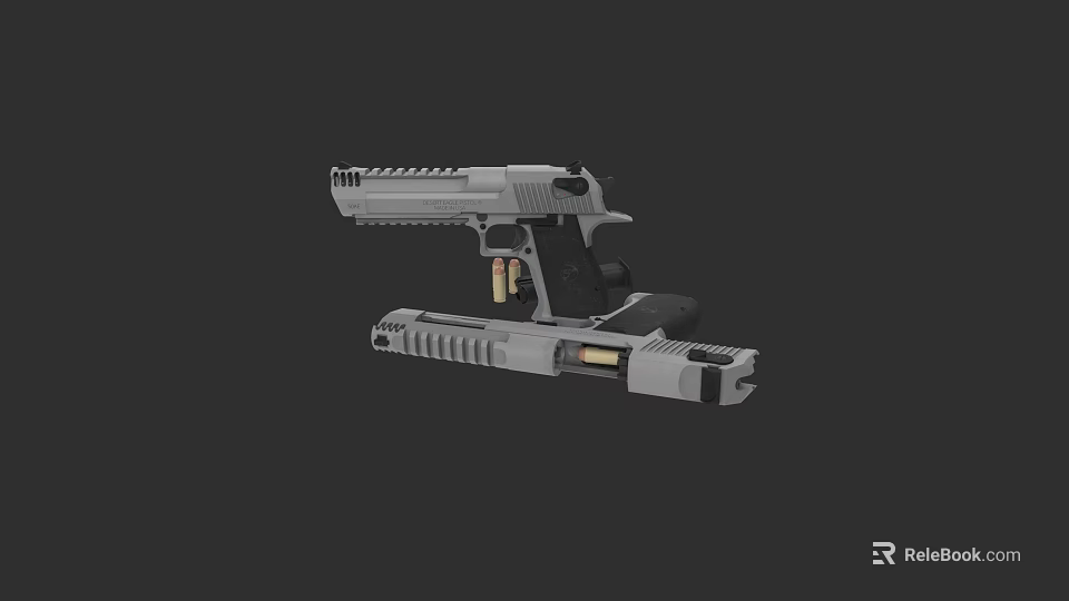 3D Rendered Disassembled Metal Pistol with Magazine and Bullets on Dark Background 3d model 