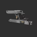 3D Rendered Disassembled Metal Pistol with Magazine and Bullets on Dark Background