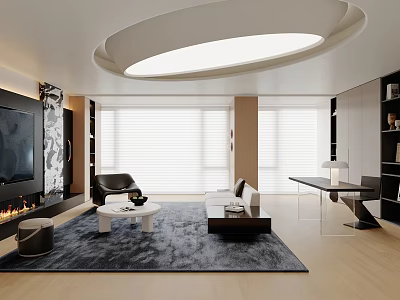 Modern Living Room Interior Design With Sofa Coffee Table Fireplace TV And Large Windows 3d model