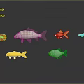 Colorful Various Shapes Fish Decorative Figures With Reflections On Dark Background