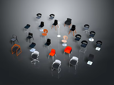 Modern Armchairs In Black White Orange Colors With Various Designs Arranged In Circle 3d model