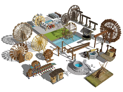 Traditional Garden Ornaments Collection Featuring Water Wheels Pavilions Bridges And Ponds 3d model