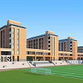 Modern Red Brick School Buildings With Multi Story Curved Design And Green Lawn
