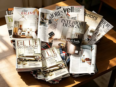 Books and Magazines on Interior Design Home Decor Stacked on Wooden Table 3d model