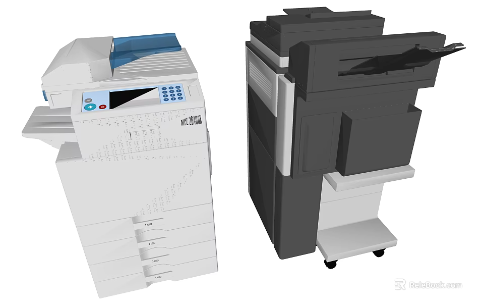 Office Multifunctional Printers And Copiers White Black With Paper Trays Control Panel And Wheels 3d model