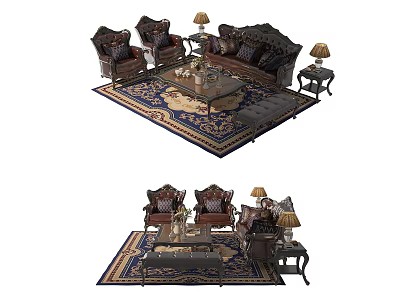 Classic Sofa Coffee Table Set With Armchairs Area Rug And Table Lamps 3d model