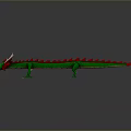 Detailed 3D Green Dragon Model With Red Dorsal Fins White Horns On Gray Background