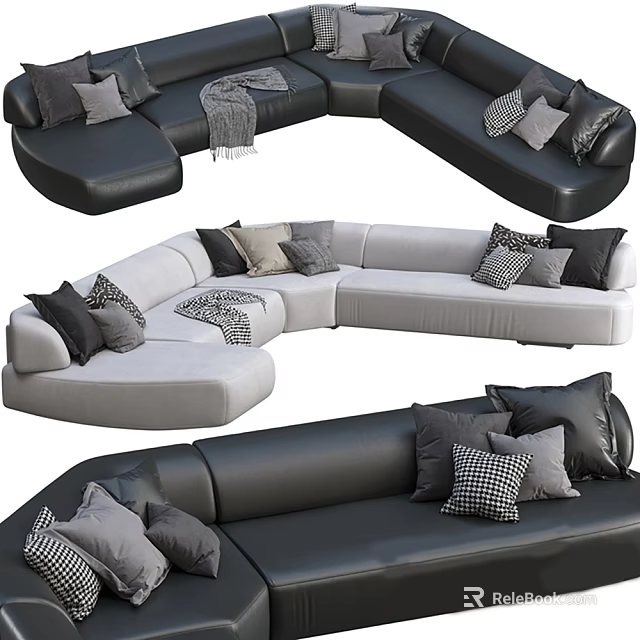 Modern Sectional Sofa in Black and Gray with Checkered Pillows and Plush Design 3d model 