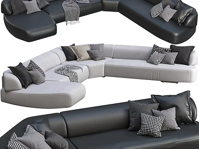 Modern Sectional Sofa in Black and Gray with Checkered Pillows and Plush Design 3d model