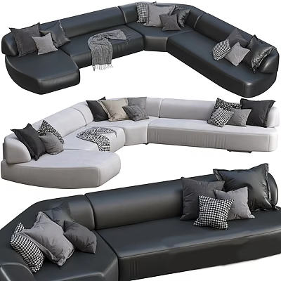 Modern Sectional Sofa in Black and Gray with Checkered Pillows and Plush Design 3d model