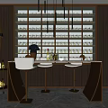 Elegant Bar Counter with Gold Wine Rack Bottles Pendant Lights Bar Stools and Blue Flowers