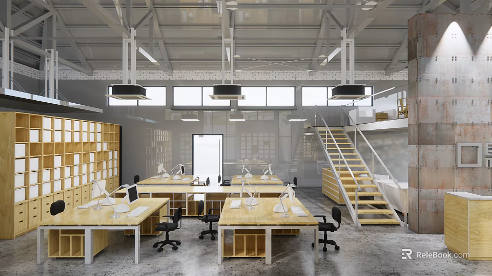 Modern Industrial Public Office Space With Wooden Desks Black Chairs Pendant Lights And Large Windows 3d model 