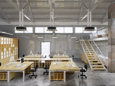 Modern Industrial Public Office Space With Wooden Desks Black Chairs Pendant Lights And Large Windows 3d model