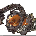 Flaming Silver Sculpture With Bright Orange Fire On Black Background