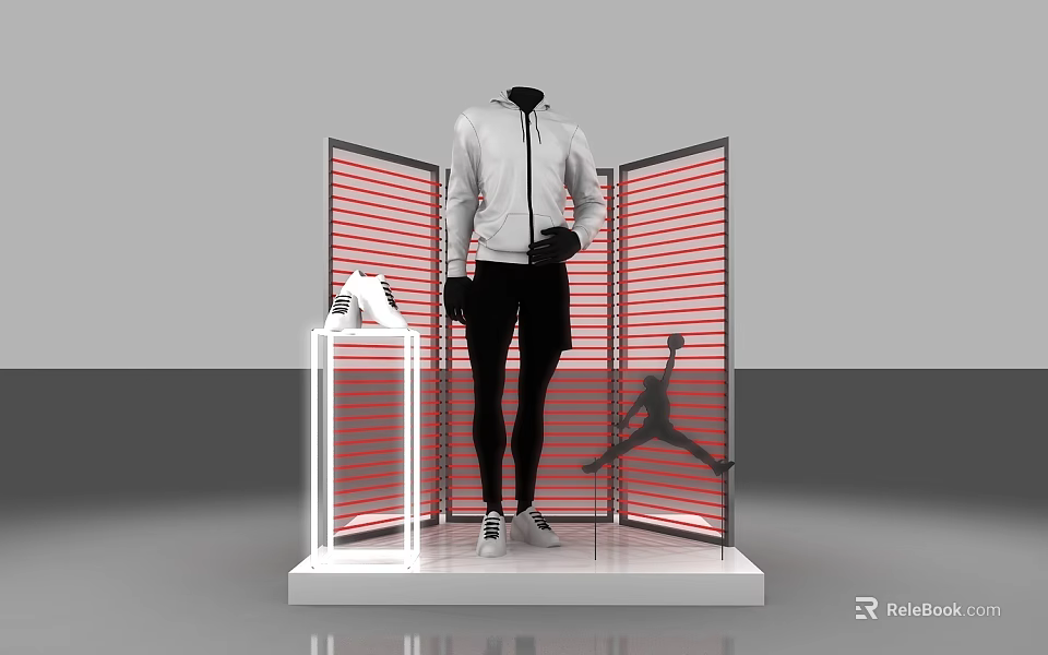 Mannequin In White Jacket Black Pants With Shoes Display Red Striped Screen Jordan Silhouette 3d model 