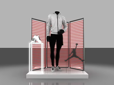 Mannequin In White Jacket Black Pants With Shoes Display Red Striped Screen Jordan Silhouette 3d model