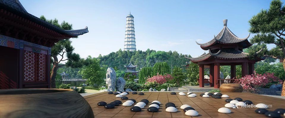 Traditional Chinese Garden Landscape with Pagoda Tower Pavilion Green Trees and Rockery Stones 3d model 