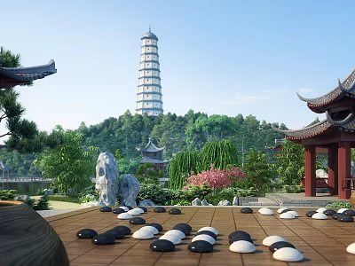 Traditional Chinese Garden Landscape with Pagoda Tower Pavilion Green Trees and Rockery Stones 3d model