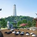 Traditional Chinese Garden Landscape with Pagoda Tower Pavilion Green Trees and Rockery Stones
