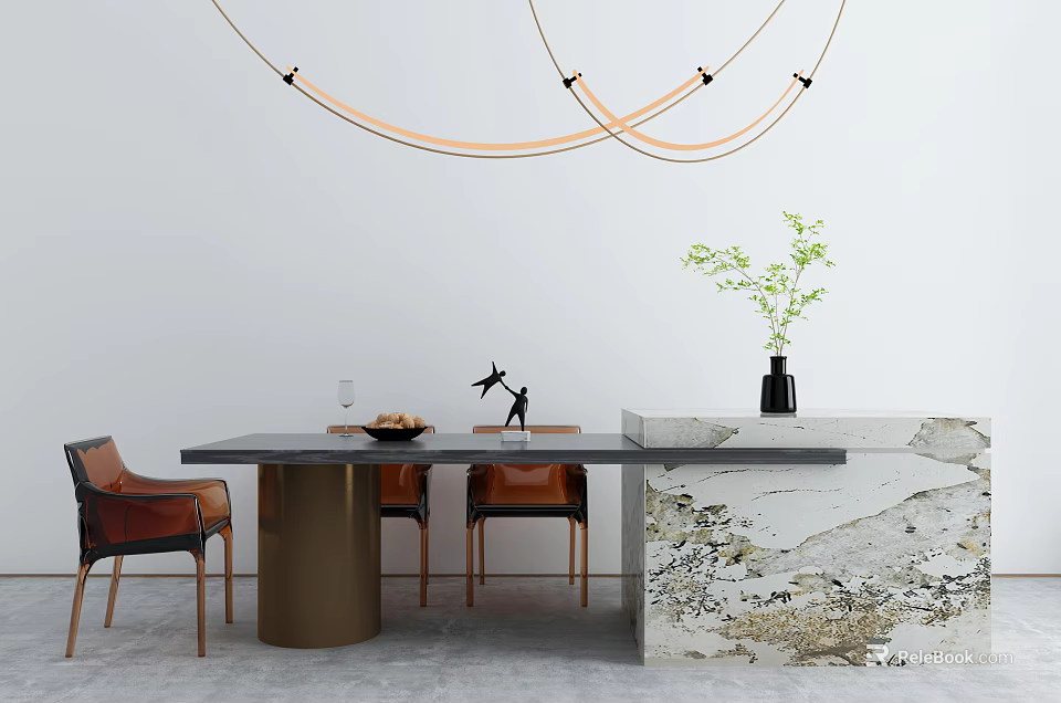 Modern Dining Table Set with Gold Legs Marble Countertop Leather Chairs and Pendant Lights 3d model 
