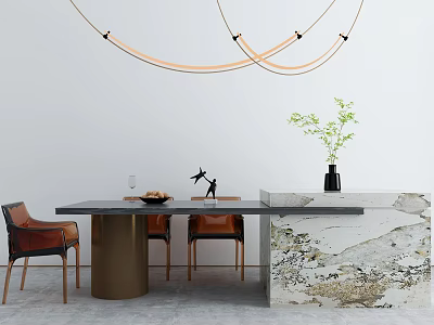 Modern Dining Table Set with Gold Legs Marble Countertop Leather Chairs and Pendant Lights 3d model