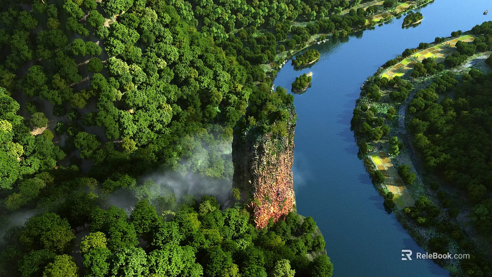 Aerial View Of Lush Green Forest With Winding Blue River And Tall Red Rock 3d model 