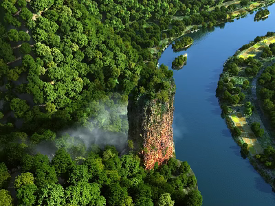 Aerial View Of Lush Green Forest With Winding Blue River And Tall Red Rock 3d model