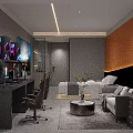 Modern Hotel Room Interior With Gaming Setup Orange Accent Wall Bed And Sofa 3d model