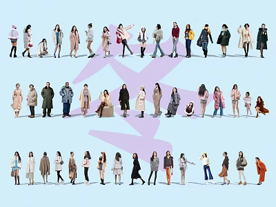 Group of Diverse People in Various Poses Arranged in Star Shape with Different Clothing 3d model