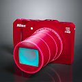 Shopping Mall Store Showcases Red Nikon Camera With 30x Zoom Lens