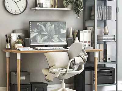 Modern Home Office Desk With Computer Monitor Green Plant Bookshelf Wall Clock And Gray Chair 3d model