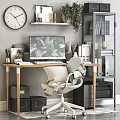 Modern Home Office Desk With Computer Monitor Green Plant Bookshelf Wall Clock And Gray Chair