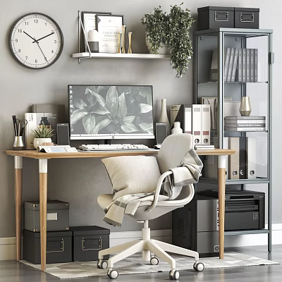 Modern Home Office Desk With Computer Monitor Green Plant Bookshelf Wall Clock And Gray Chair 3d model