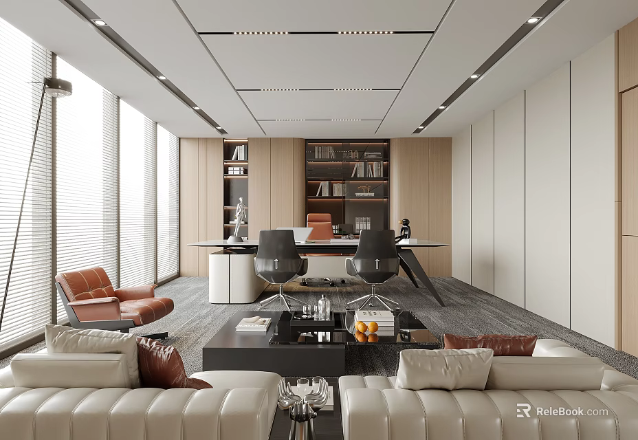 Modern Office Interior With Large Windows Blinds Wooden Bookshelves White Sofas And Black Chairs 3d model 