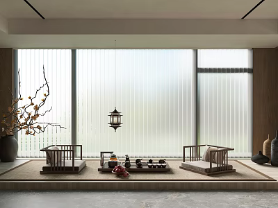 Modern Home Balcony Interior Design With Vertical Striped Glass Wooden Furniture And Low Table 3d model