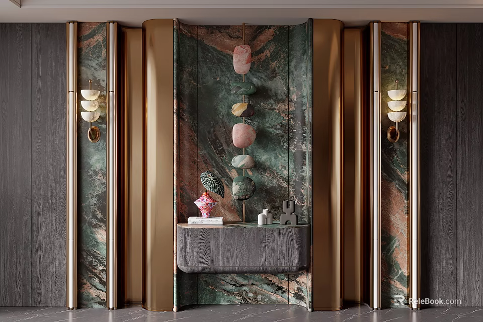 Elegant Foyer Hallway With Green Marble Walls Gold Accents And Hanging Pendants 3d model 