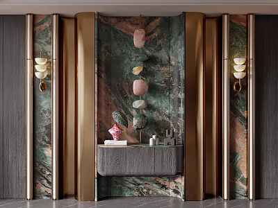 Elegant Foyer Hallway With Green Marble Walls Gold Accents And Hanging Pendants 3d model