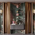 Elegant Foyer Hallway With Green Marble Walls Gold Accents And Hanging Pendants
