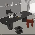 Modern Black Desk with Open Book Laptop Chair Red Stool and White Window Blinds