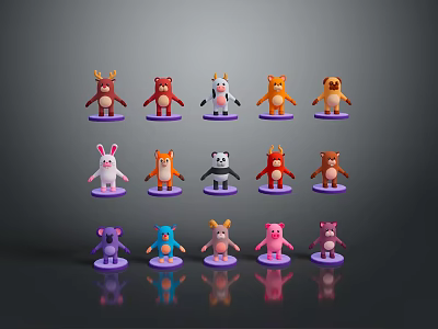 Colorful Cartoon Animal Characters With Different Animal Designs Standing On Purple Bases 3d model