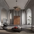 Modern Living Room Interior With Gray Arched Walls Beige Sofa And Unique Pendant Light