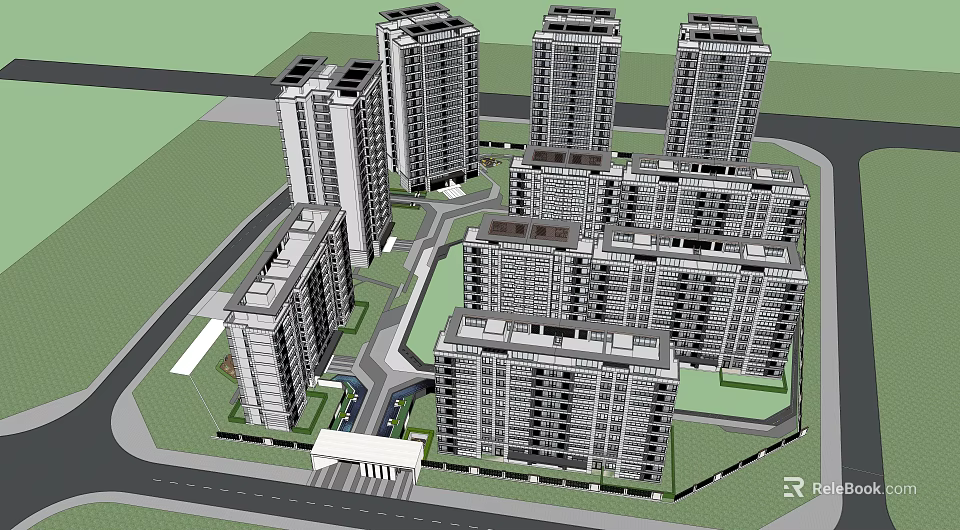 Modern High Rise Residential Complex Layout With Green Areas And Entrance 3d model 