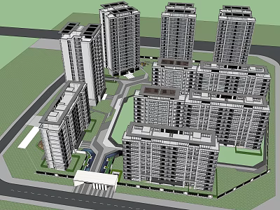 Modern High Rise Residential Complex Layout With Green Areas And Entrance 3d model