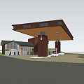 Building Exterior Wall Design Featuring Glass Curtain Brown Canopy Trees And Vehicles
