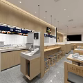Bright Modern Restaurant Interior With Wooden Tables Chairs Menu Displays And TV Screens