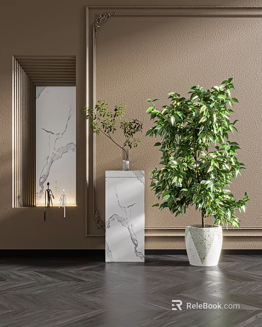 Bonsai Potted Plants In Modern Interior With Marble Countertop Floor Beige Wall And Decorative Molding 3d model 
