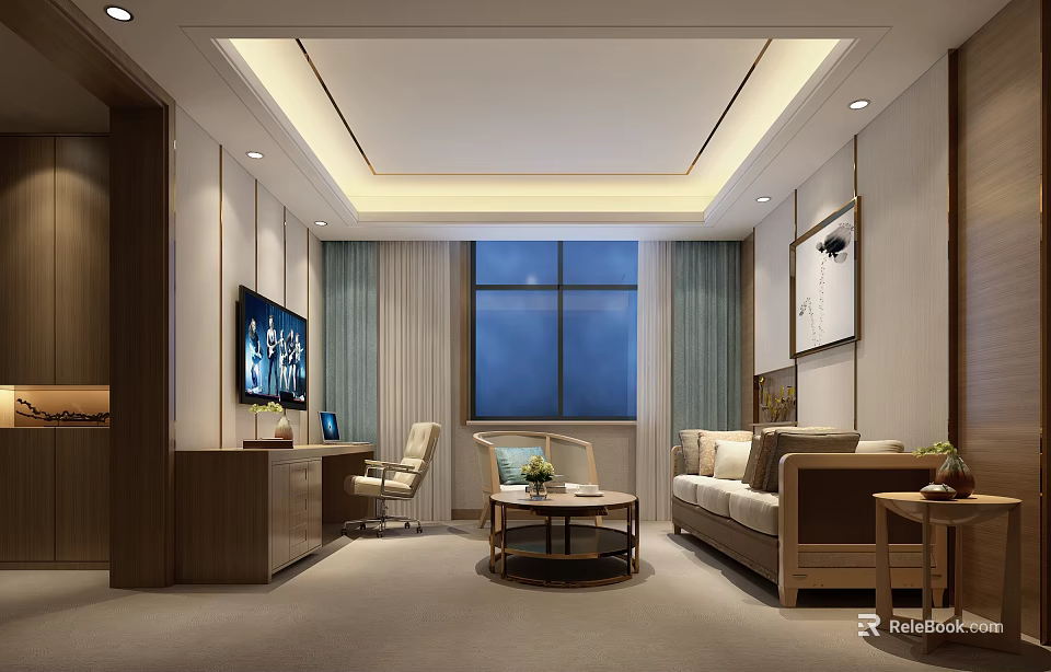 Elegant Modern Hotel Room Interior With Sofa Coffee Table TV Desk And Chair 3d model 