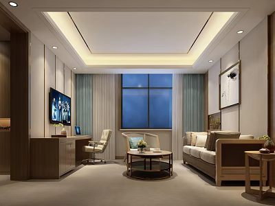 Elegant Modern Hotel Room Interior With Sofa Coffee Table TV Desk And Chair 3d model