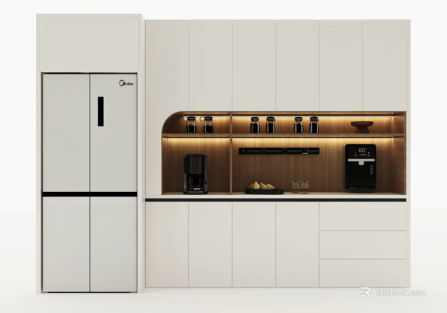 Modern White Wine Cabinet In Kitchen With Built in Lighting And Glass Cups 3d model 
