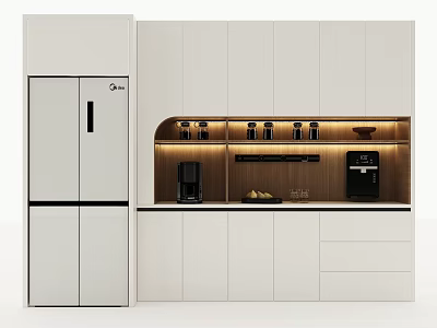 Modern White Wine Cabinet In Kitchen With Built in Lighting And Glass Cups 3d model